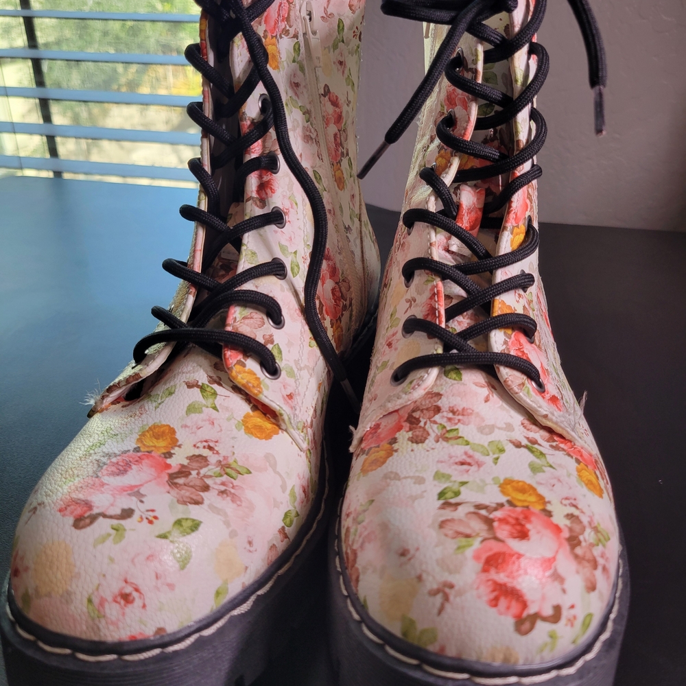 UNIONBAY Floral Lace-Up Combat Boots in Pink, Green, Yellow